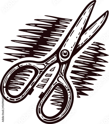 Vintage engraved drawing of scissors with shading sketch effect on white background