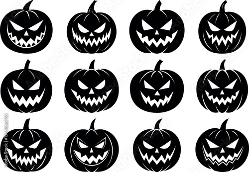 A collection of spooky jackolanterns isolated on white background