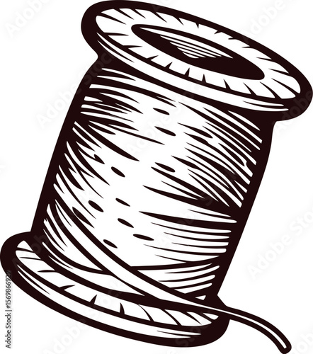 Hand drawn vintage spool of thread illustration with detailed engraving lines on white background