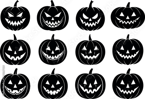 A collection of spooky jackolanterns are isolated on white background