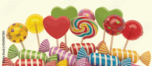 A vibrant collection of colorful lollipops and wrapped candies on a light background