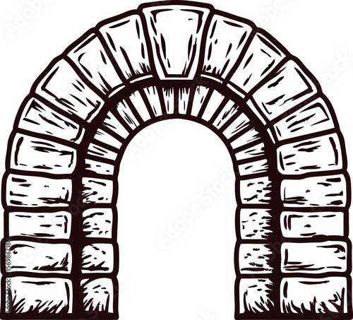 Hand drawn vintage archway illustration with detailed stone blocks isolated on white background