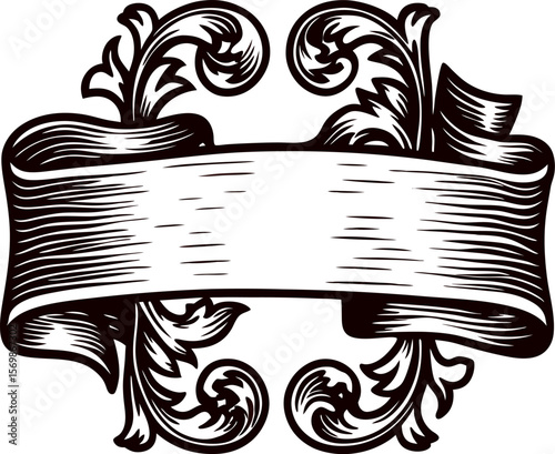 Vintage engraved scroll banner with ornate floral flourish and blank ribbon isolated on white background