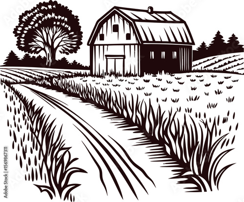 Vintage engraved illustration of rustic barn with country road, tree, and rural landscape in classic black and white
