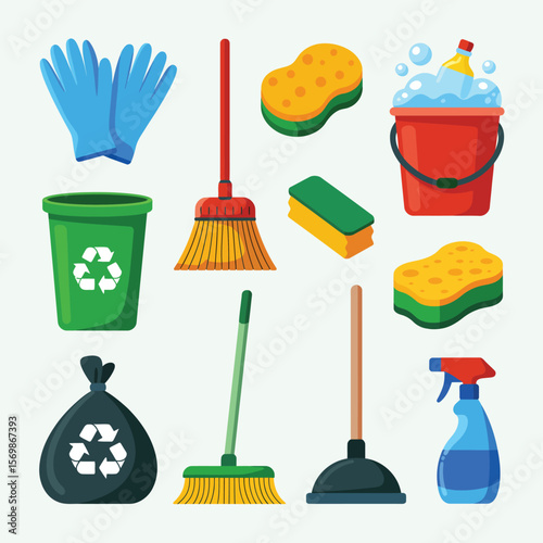 Collection of essential household cleaning tools and supplies for a spotless home