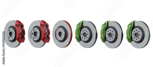 Set of car brake discs and calipers in red and green on a white background