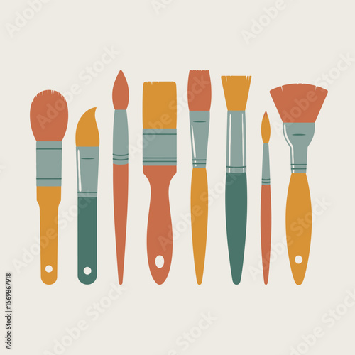 Collection of seven flat design art brushes in warm colors and muted tones
