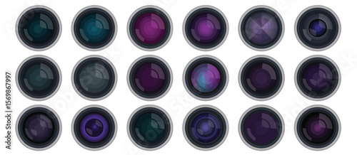 Collection of diverse camera lenses with colorful reflections and apertures on a white background