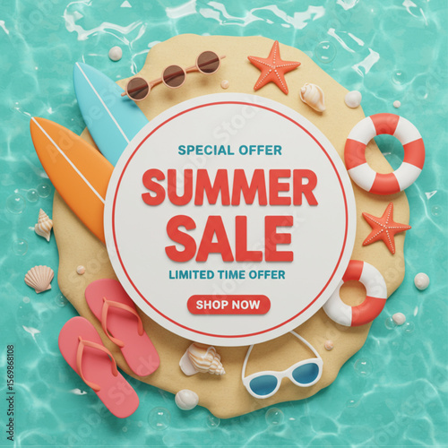 Summer Sale Special Offer Banner with Beach Vacation Elements 3D Render