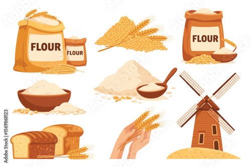 Collection of wheat flour bags bread wheat stalks and a windmill