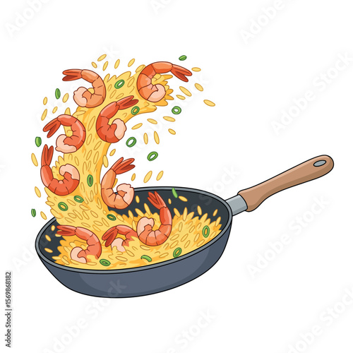 Cartoon illustration of shrimp and rice being tossed in a frying pan