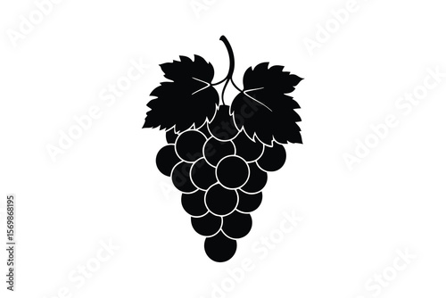 A simple black silhouette of a ripe bunch of grapes with leaves