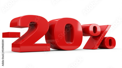 Red minus 20 percent or -20% discount 3D rendering on white background