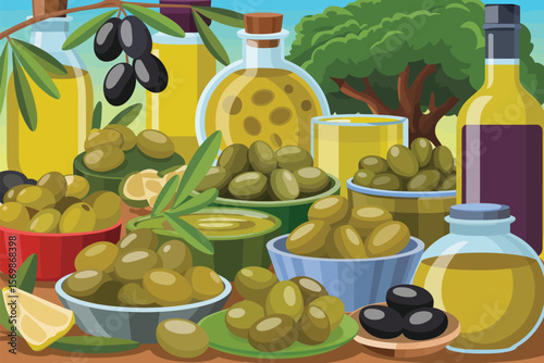 Abundant display of fresh olives and golden olive oil in bottles and bowls