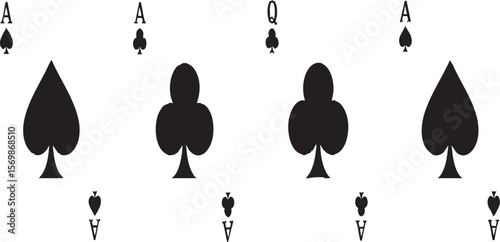 Classic playing card elements: two Aces of Spades and two Clubs (Ace and Queen) for casino and game designs.

