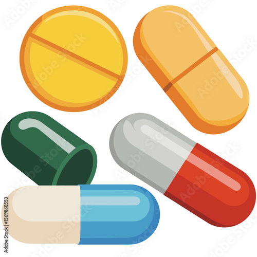 Collection of colorful pills and capsules for medical treatment and healthcare