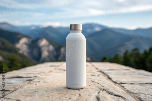 blank Reusable water bottle mockup A sleek white water bottle stands prominently on a stone surface against a backdrop of mountains and a cloudy sky.