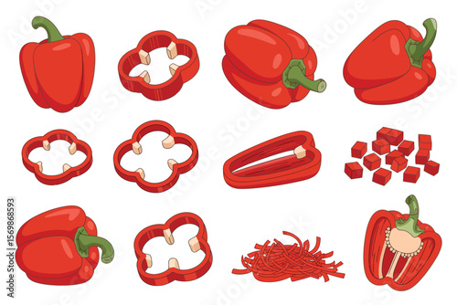 Collection of red bell peppers in various forms and cuts for cooking
