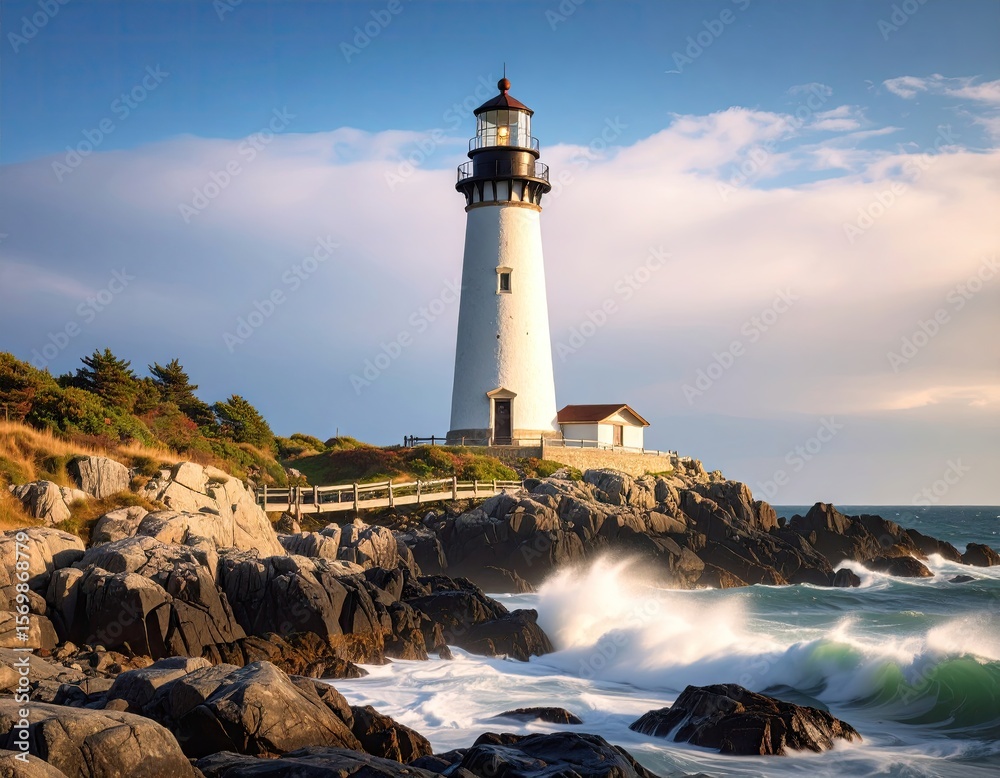 Fototapeta premium Lighthouse at sunset over crashing waves