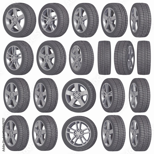 Collection of various car tires and wheels displayed in rows against a white background