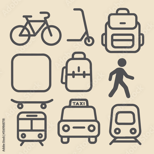 A versatile vector icon set illustrating various transportation modes like cars, trucks, buses, and trains for travel and delivery services