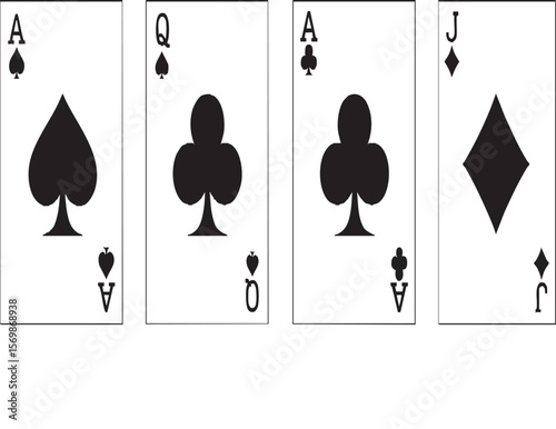 Classic playing card elements: two Aces of Spades and two Clubs (Ace and Queen) for casino and game designs.

