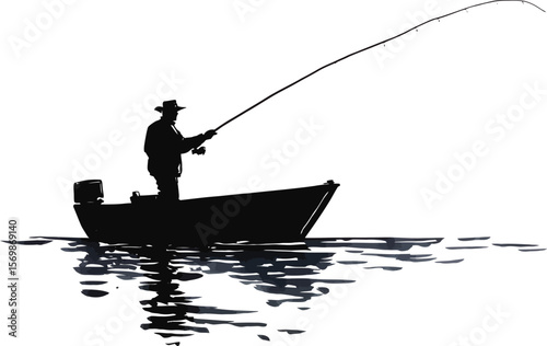 A fisherman silhouette in a small boat is fishing, casting the fishing rod in a calm water landscape, ideal for fishing themed design.