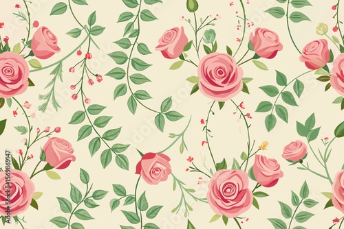 Wallpaper Mural Seamless floral pattern with pink roses and green leaves on beige background Torontodigital.ca