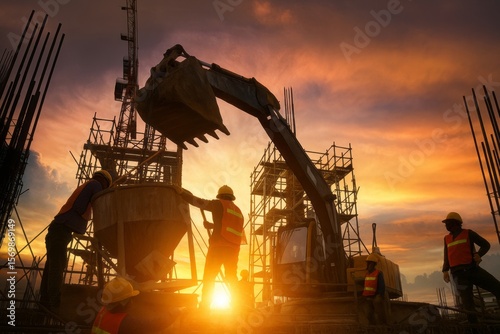 Silhouette Teams of Business Engineers looking for blueprints in construction sites through blurry construction sites at sunset.