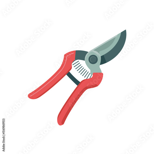 A pair of red handled garden pruning shears with sharp metal blades