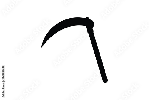 A stark black silhouette of a scythe on a clean white background