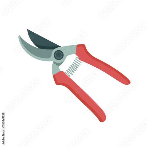 Illustration of a red handled garden pruning shear with a spring mechanism