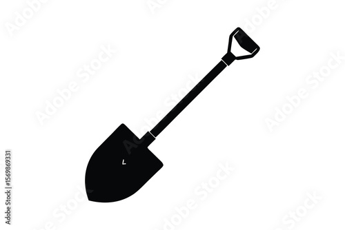 Black silhouette of a garden shovel with a d shaped handle
