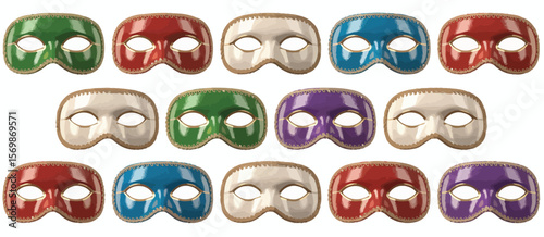 Collection of colorful venetian masquerade masks arranged in rows on a white background