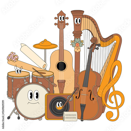 Cute cartoon musical instruments with faces playing together in a band