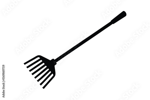 Black silhouette of a garden rake tool on a white background