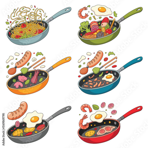 Collection of six cartoon frying pans filled with various delicious foods