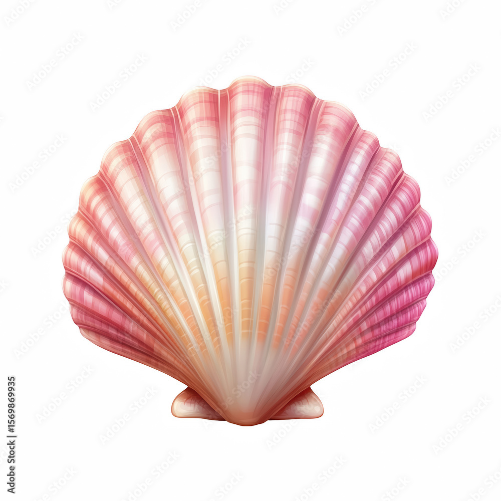 Fototapeta premium Single pink and red scallop seashell standing upright with detailed ridges isolated on transparent background.