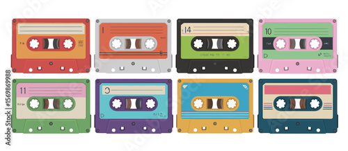 Collection of eight colorful vintage cassette tapes arranged in two rows