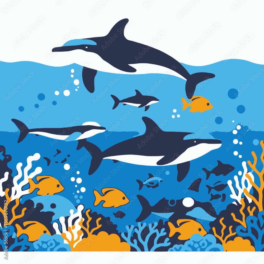 Obraz premium Cartoon Dolphin and Fish Illustration - Underwater Scene with Coral Reef - Colorful Marine Life Art for Kids - Ocean Animal Design