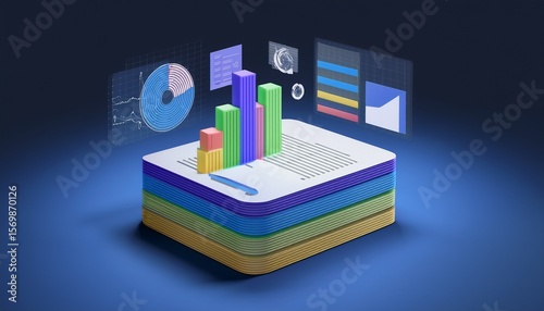 3D icon of a stack of data analysis files with a floating statistical chart above them