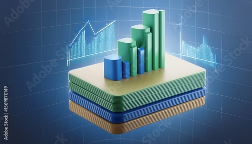 3D icon of a stack of data analysis files with a floating statistical chart above them