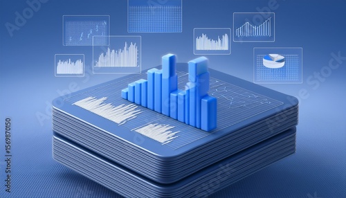 3D icon of a stack of data analysis files with a floating statistical chart above them
