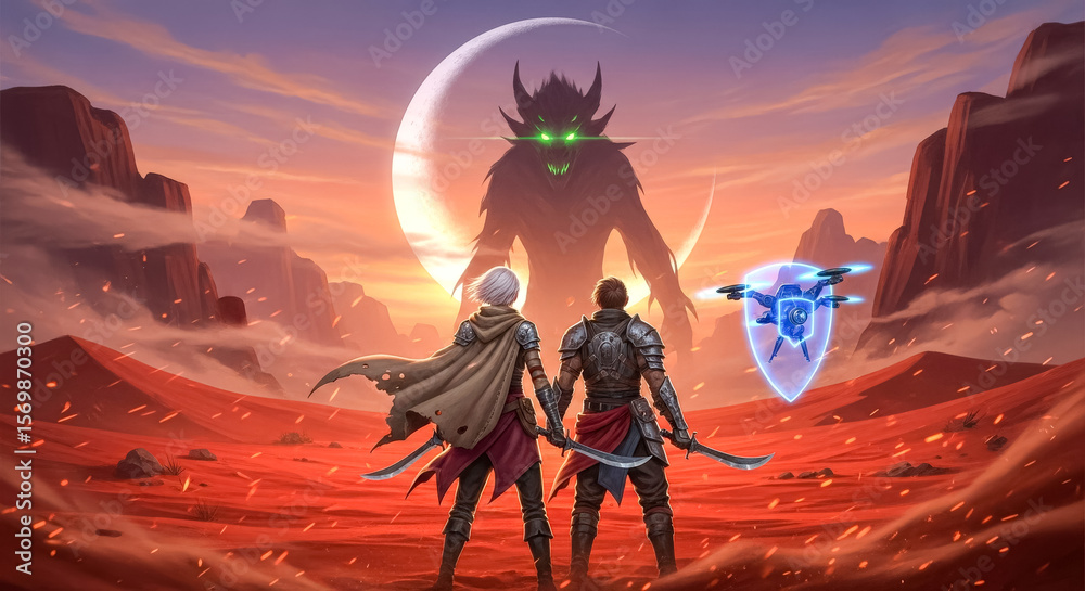 Fototapeta premium Two Heroes Facing a Demonic Creature under a Crescent Moon with a Futuristic Drone in a Red Alien Landscape