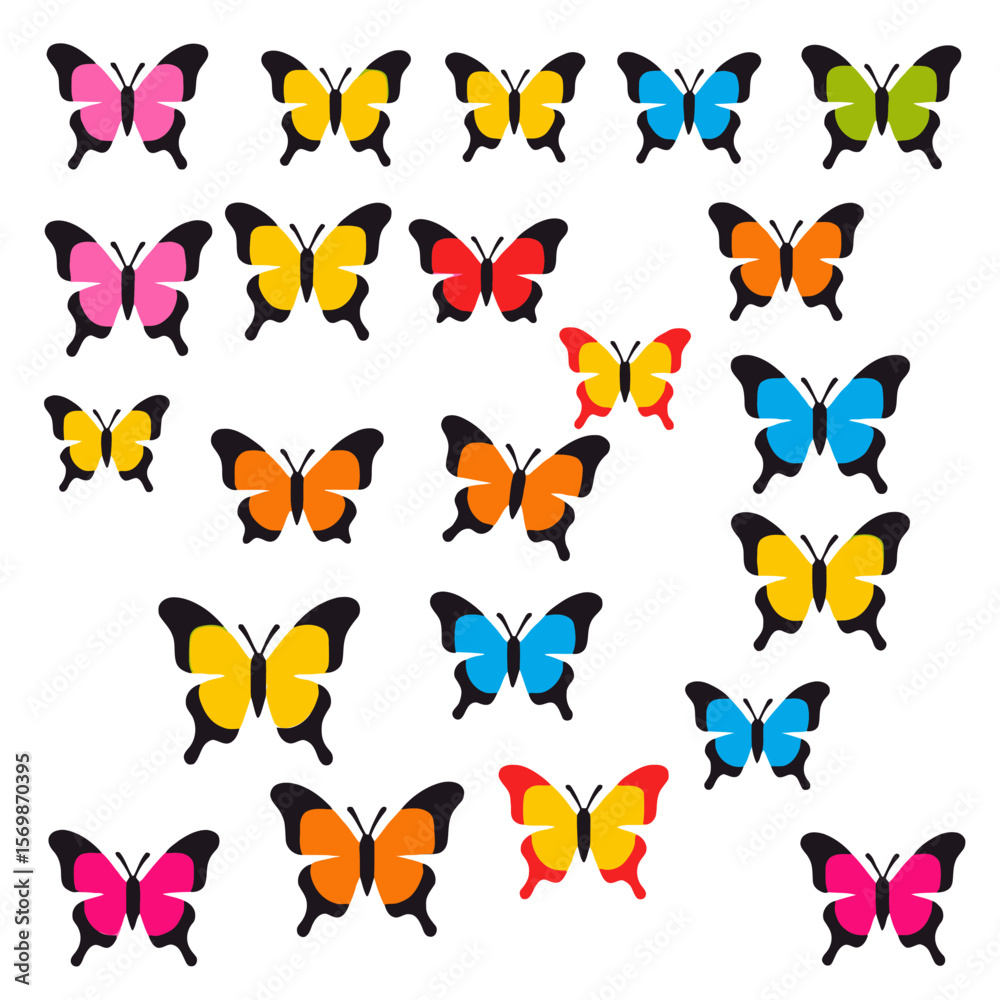 Fototapeta premium Colorful Butterfly Collection on White Background - Vector Illustration of Vibrant Butterfly Patterns for Creative Designs- Butterfly art_