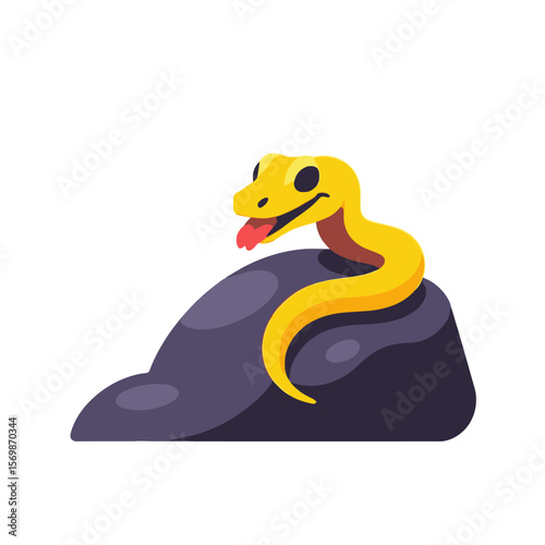 Cartoon Yellow Snake with Red Tongue on Rock - Cute Snake Illustration- Reptile Animal Image- Educational Snake Cartoon- Snake on a Stone Image