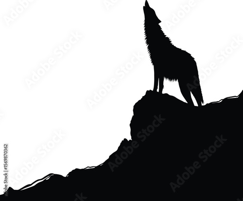 Howling wolf silhouette standing atop a rock formation, perfect for tribal themes, nature projects, or evocative graphic elements.