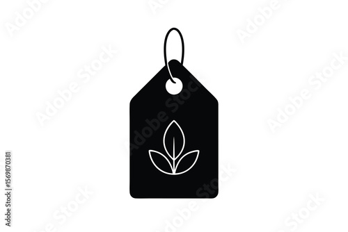 Black tag with white outline of three leaves and a loop silhouette