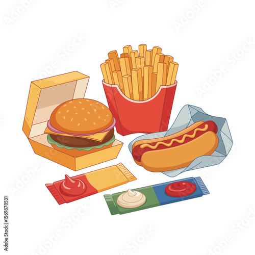 Delicious fast food meal with burger fries hot dog and condiments on white background