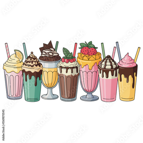 A colorful collection of delicious milkshakes with various toppings and flavors